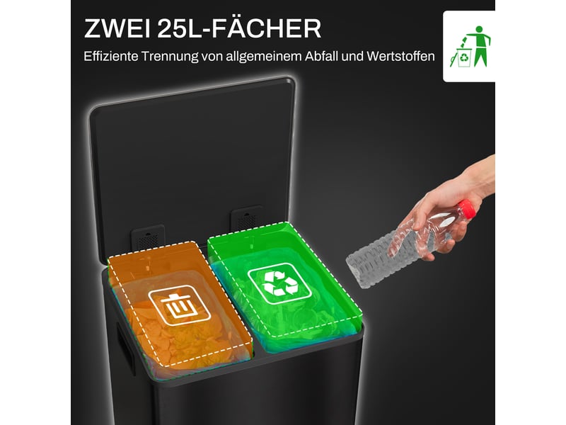  Poubelle de cuisine tcqpz à pédale double bac 2 x 25 l acier inoxydable noir 47,7 x 37,5 x 56 cm  - Conforama E