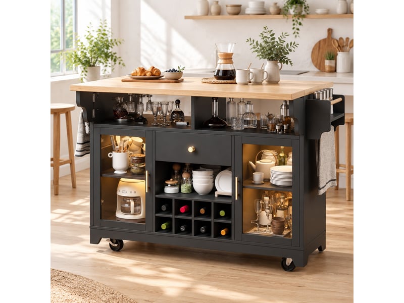 Desserte de cuisine 120x40x95 cm avec plateaux rabattables et led, coloris noir - Conforama D
