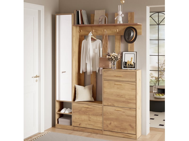  Meuble d’entrée avec miroir, 3 meubles à chaussures et 1 tiroir 133x23,5x180 cm en panneau de particules naturel  - Conforama D