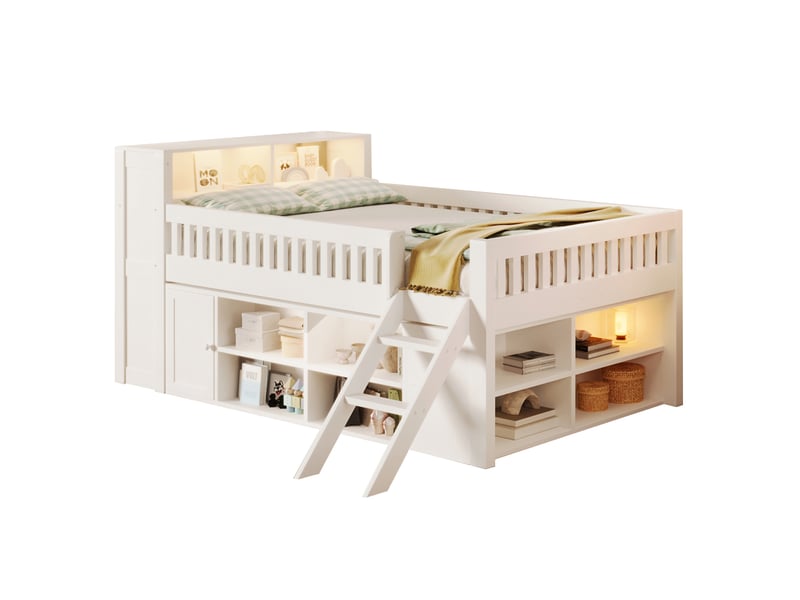  Lit mezzanine 140x200 cm blanc, avec rangements, étagères ouvertes, placard, led au chevet, échelle, sommier inclus, sans matelas  - Conforama A