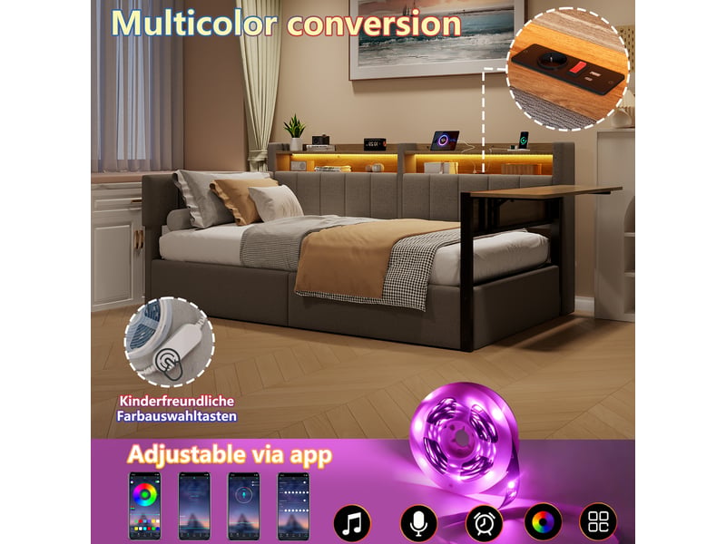 Lit banquette coffre 90x200 cm en velours gris avec hydraulique, led, usb, table rabattable et chevets interchangeables Morn Vibe - Conforama D
