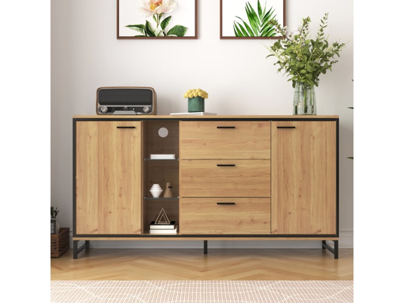  Buffet 2 porte(s) 3 tiroir(s) - 160 cm naturel led panneau de particules buffet naturel - Conforama D