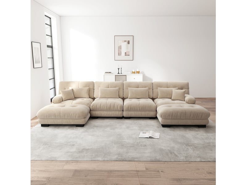  Canapé modulable modenvie panoramique 4 places en chenille café clair 406 x 145 x 81 cm  - Conforama D