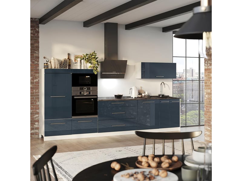  Vicco cuisine, bleu foncé brillantblanc, 340cm sans pt  - Conforama C