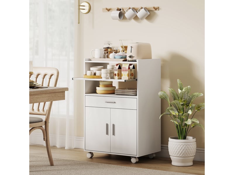 Chariot de cuisine sur roulettes, desserte micro-onde à roulettes avec placard tiroir étagères, blanc, 59 x 40 x 92 cm - Conforama D