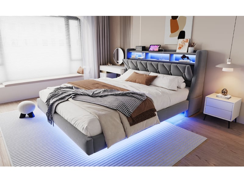  Lit double rembourrés 180x200 cm avec éclairage led, cadre de lit 2 personnes en gris, tête de lit rabattable avec prise électrique  - Conforama W