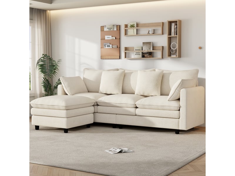  Canapé d'angle en l beige 3 places avec méridienne 212 x 150 x 90 cm chenille et coussins inclus  - Conforama R