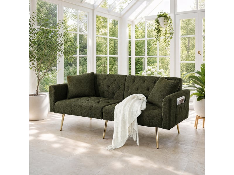  Canapé droit 2 places à dossier réglable  - coussins inclus, tissu bouclé, pieds métal - vert  - Conforama B