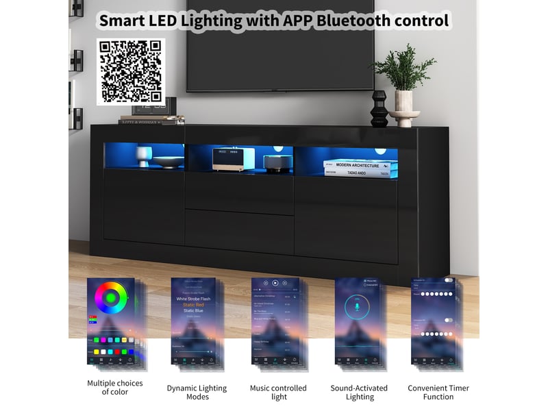  Meuble tv, meuble tv moderne avec led et application mobile, rangements intégrés, 160x35x60 cm, noir  - Conforama D