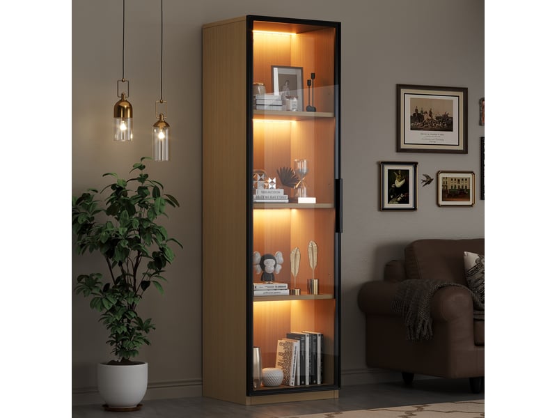  Vitrine chêne 40x40x165 cm, mdf et verre trempé, 1 porte, avec éclairage led et charnières soft-close  - Conforama B