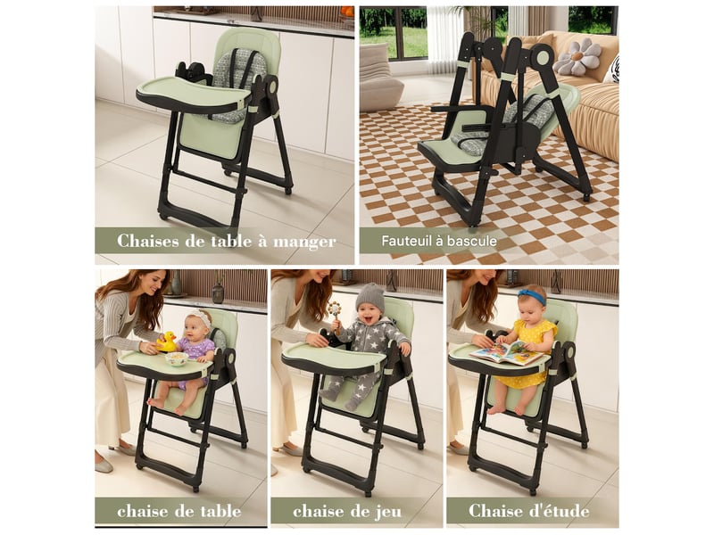  Chaise haute bébé 2-en-1 pliable et réglable en hauteur avec roues, vert foncé W1198P480182 - Conforama E