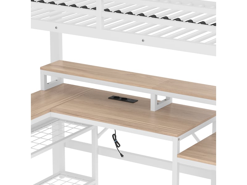  Lit mezzanine 90x200 cm avec bureau, rangements et led pilotable par application, cadre métal et mdf, blanc, sans matelas  - Conforama E