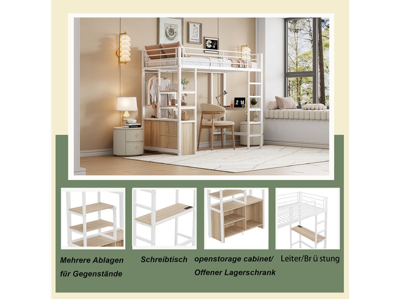  Lit mezzanine 90 x 200 cm, lit enfant surélevé, placard intégré, bureau intégré, étagères ouvertes, connectique usb, échelle, métal, blanc Morn Vibe - Conforama E