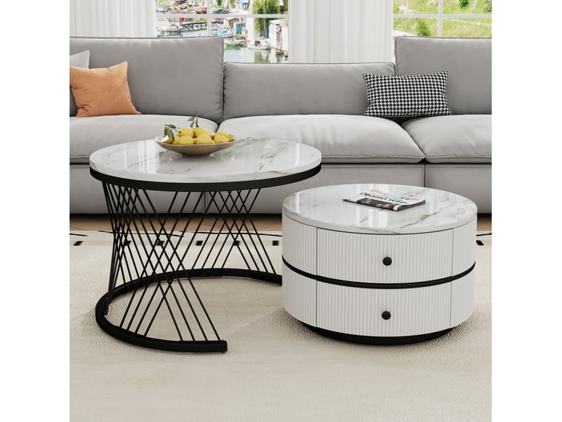  Lot de 2 tables basses rondes 60x60x46+50x50x31 cm, tables de salon, motif marbre, avec 2 tiroirs, mdf, blanc et noir  - Conforama B