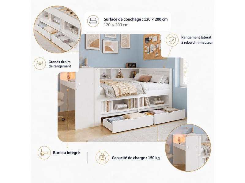 Lit combiné avec bureau, armoire, 2 tiroirs, 120x200 cm : fonctionnalités et design pour un espace optimisé - Conforama D