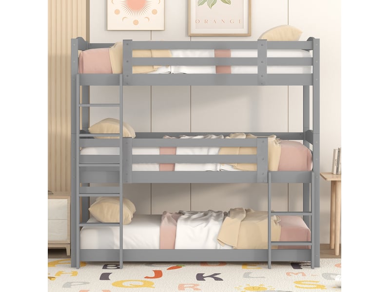  Lit superposé triple enfant 90x200 cm en pin et mdf gris  - Conforama B
