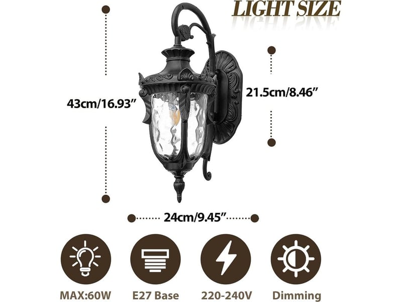  Applique murale extérieure luminaire de mur lanternes étanche pour porche maison avec abat-jour en verre martelé noir – ampoule non incluse  - Conforama C