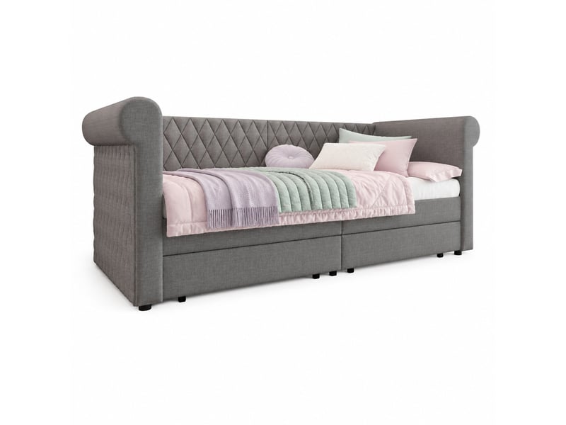  Lit banquette vintage 90x200 cm gris en tissu lin avec 2 tiroirs  - Conforama A