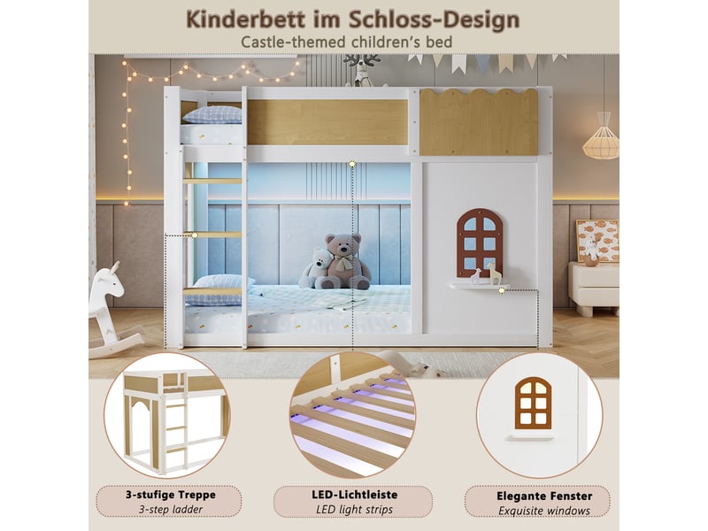  Lit mezzanine enfant 90x200 cm, bois blanc et naturel, espace de jeu sous le lit, garde-corps ondulé, fenêtre, échelle et éclairage d’ambiance intégré  - Conforama E
