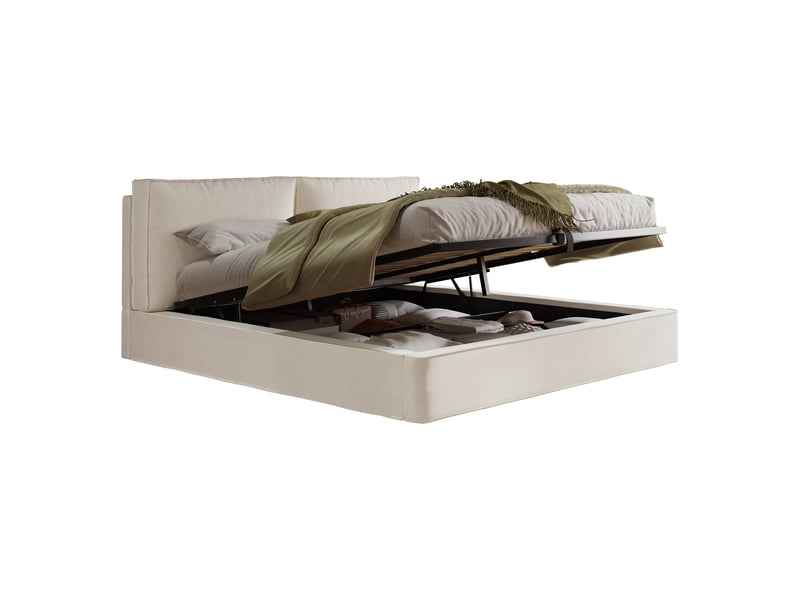  Lit coffre rembourré 180x200 cm, lit double avec rangement hydraulique, tête de lit épaisse 13 cm, sommier à lattes, velours - beige  - Conforama A