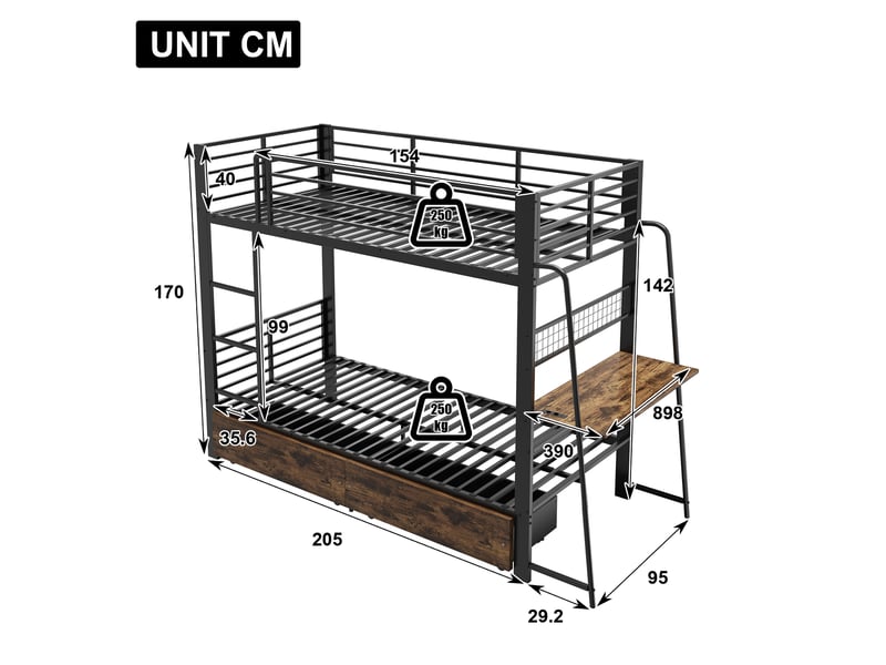  Lit superposé métal 90x200 cm avec bureau led tiroirs rangement en747 250 kg par niveau  - Conforama C