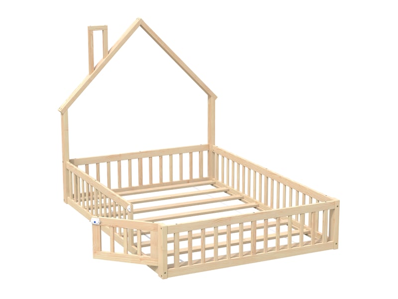  Lit cabane 140 x 190 cm, enfant en forme de cheminée, sommier à lattes, matelas non inclus, en pin,, naturel  - Conforama E