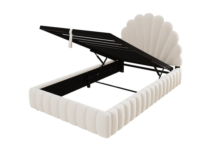 Lit coffre hydraulique 90x200 cm, tête de lit rembourrée en forme de pétale, revêtement en velours beige, avec sommier et grand espace de rangement - Conforama A