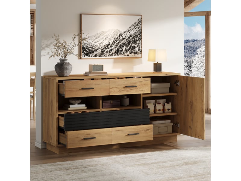 Buffet bas 140x35x70 cm avec 6 tiroirs et 1 porte, meuble de rangement salon avec niches ouvertes, design bois et noir - mdf chêne - Conforama E