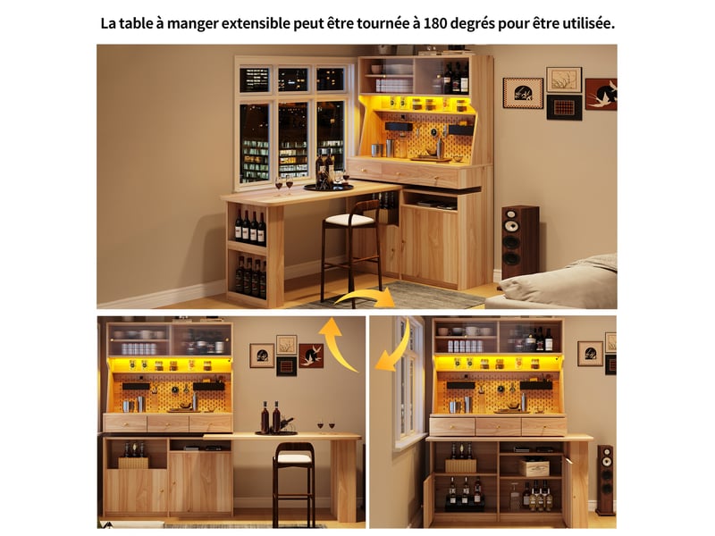  Armoire haute 137 x 74 x 177,7 cm avec bureau et bar intégrés, led pilotée par application et portes vitrées, bois naturel  - Conforama B