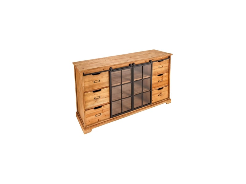  Buffet lumber 148 cm en bois de pin – 2 portes coulissantes vitrées et 6 tiroirs  - Conforama A