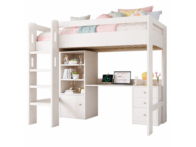 Lit mezzanine enfant 90x200 cm avec bureau usb-c et rangements, blanc - Conforama A