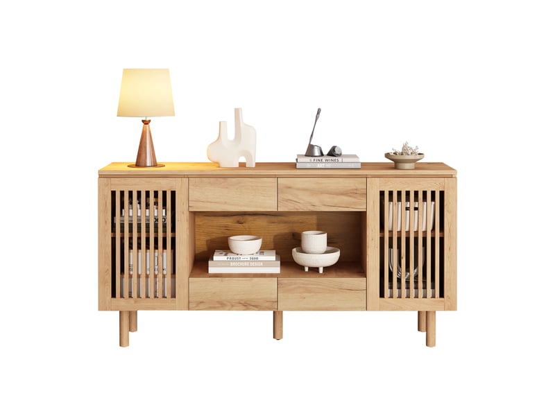  Buffet avec 4 tiroirs et 2 portes à lames, pieds en bois massif, pour salon et salle à manger, naturel, 140×35×71 cm  - Conforama A