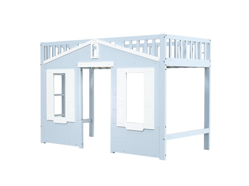  Lit mezzanine enfant 90x200 cm, forme de maison, barrière de sécurité et escalier, en bois, bleu, sans matelas  - Conforama E