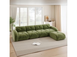 Canapé d'angle modulable fixe 4 places en tissu vert avec pouf, confort souple pour votre salon au quotidien