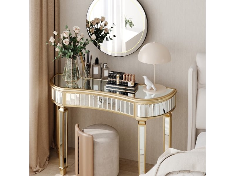  Table console miroir demi-lune 120 cm - tiroir bouton cristal - verre cannelé - coiffeuse moderne or argent  - Conforama B