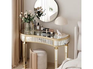 Table console miroir demi-lune 120 cm - tiroir bouton cristal - verre cannelé - coiffeuse moderne or argent