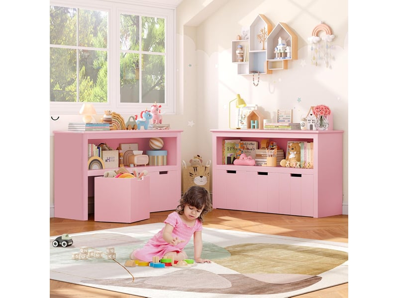  Meuble rangement jouet bibliothèque pour enfants étagère armoire de rangement avec 3 tiroirs roulants rose 102x33x61.5cm  - Conforama E