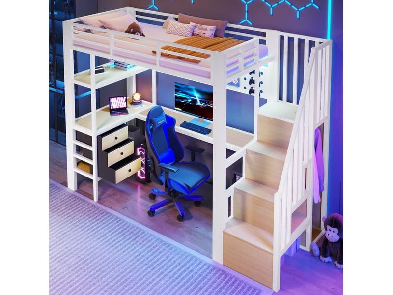  Modenvie lit mezzanine 90x200 cm - avec bureau, rangement intégré, led et prise, sans matelas - blanc  - Conforama D