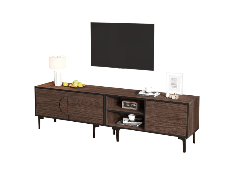  Meuble tv 180 cm noyer foncé pour écran 80 pouces avec 3 portes et rangements ouverts  - Conforama A