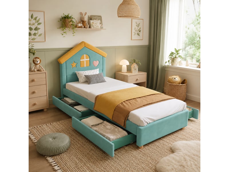  Lit cabane 90x200 cm en velours avec 4 tiroirs vert chicfurn  - Conforama B