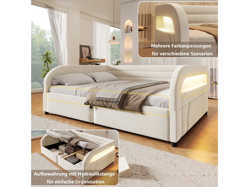  Lit coffre simple 140×200 cm avec led multicolore et rangement - okmyhome- beige, sans matelas, flanelle  - Conforama E