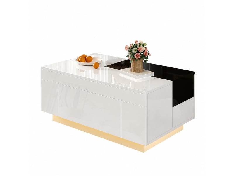  Table basse noire et blanche brillante avec led 16 couleurs, plateau extensible, tiroir et rangement caché  - Conforama A