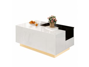 Table basse noire et blanche brillante avec led 16 couleurs, plateau extensible, tiroir et rangement caché