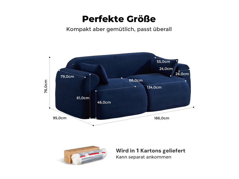  Canapé 2 places modenvie bleu foncé en velours côtelé 186 x 95 x 76 cm  - Conforama C