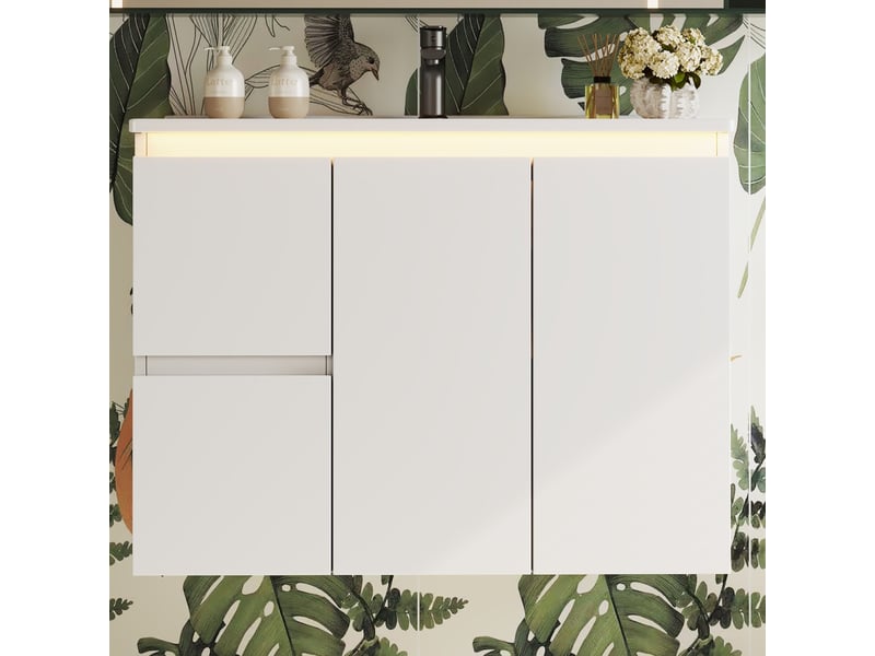 Meuble vasque mural blanc avec lavabo intégré, éclairage led à capteur et charnières amorties 76 cm - Conforama B