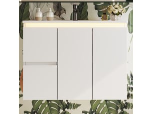 Meuble vasque mural blanc avec lavabo intégré, éclairage led à capteur et charnières amorties 76 cm