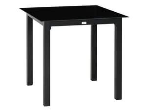 Table de jardin carrée 80x80x74 cm – noire – verre trempé 5 mm, aluminium thermolaqué, 4 places, pieds réglables