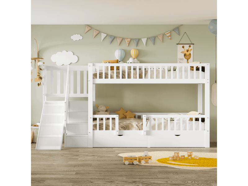  Lit superposé enfant avec toboggan 90x200 cm, escalier avec rangements, porte aimantée, 2 tiroirs, garde-corps, bois massif - blanc  - Conforama C