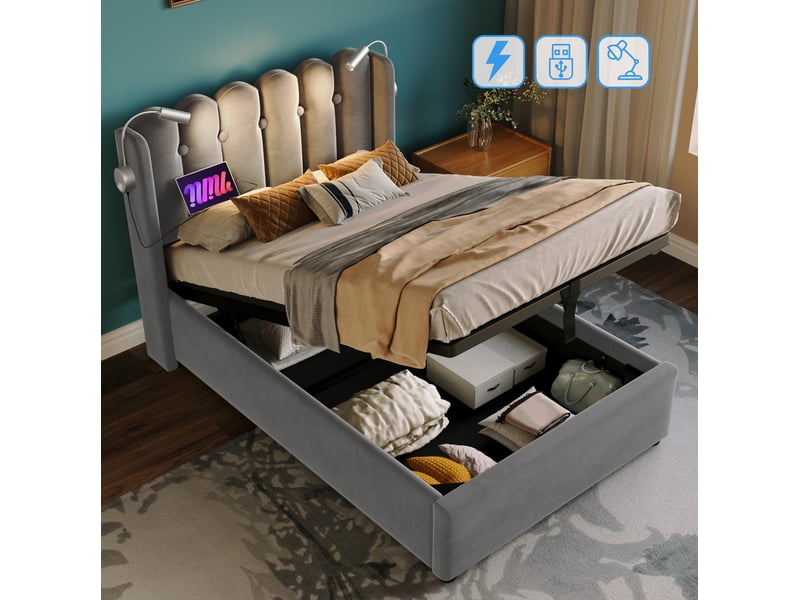  Lit enfant 90 × 200 cm 1 place avec coffre, usb, lampe de lecture et matelas inclus, en velours gris  - Conforama E