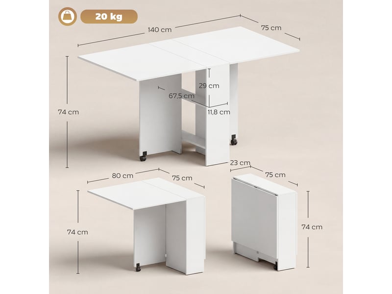  Table pliante de cuisine salle à manger amovible sur roulettes 75l x 140l x 74h cm blanc  - Conforama E